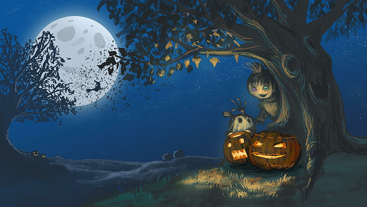 halloween, art, moonlight, jack o lanterns, tree, illustration, HD wallpaper