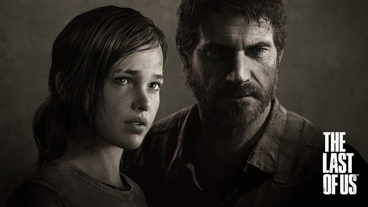 The Last of Us digital wallpaper, Ellie, video games, Joel, monochrome