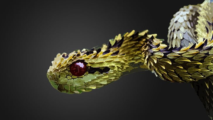 closeup photo of green viper snake, hairy bush viper, photo manipulation
