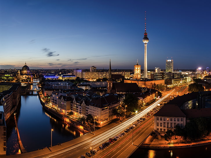 Berlin skyline, night, bridge, city, the city, lights, road, Germany