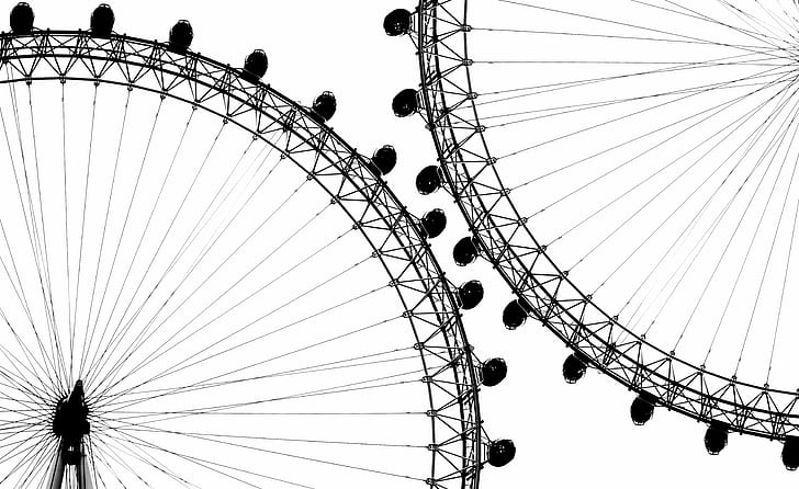 silhouette of two ferri's wheels, london, london eye, london, london eye, HD wallpaper