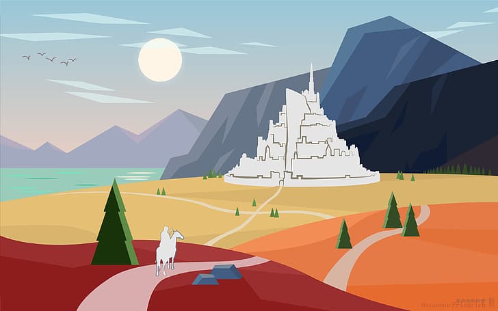 Flatdesign, landscape, The Lord of the Rings, Gandalf, Minas Tirith, HD wallpaper