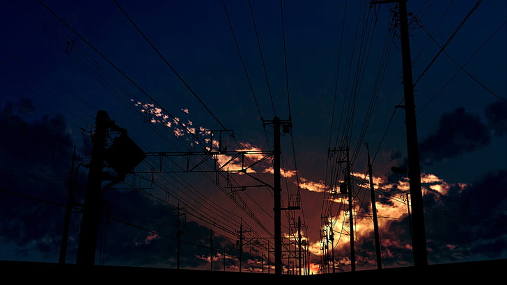 electricity post and cables, fantasy art, clouds, street, sky