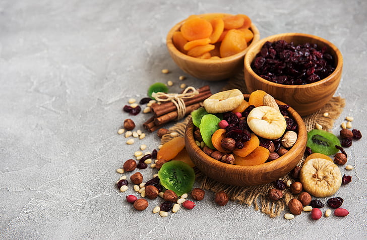 table, bowl, nuts, spices, dried fruits, HD wallpaper