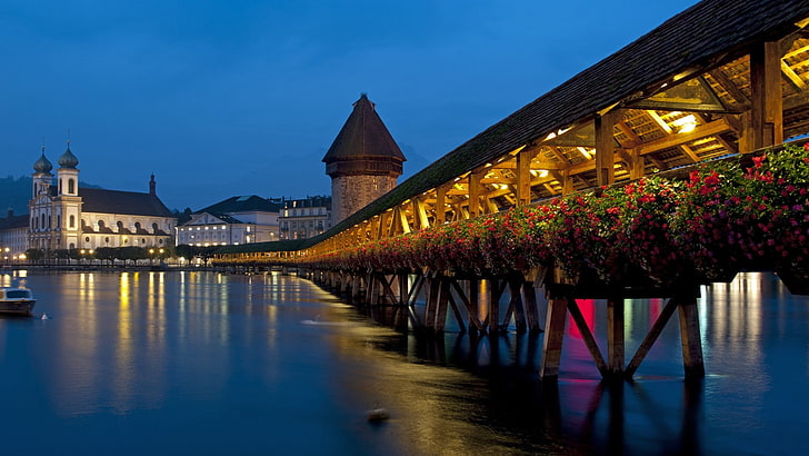 bridge, flowers, Luzern, reflection, HD wallpaper
