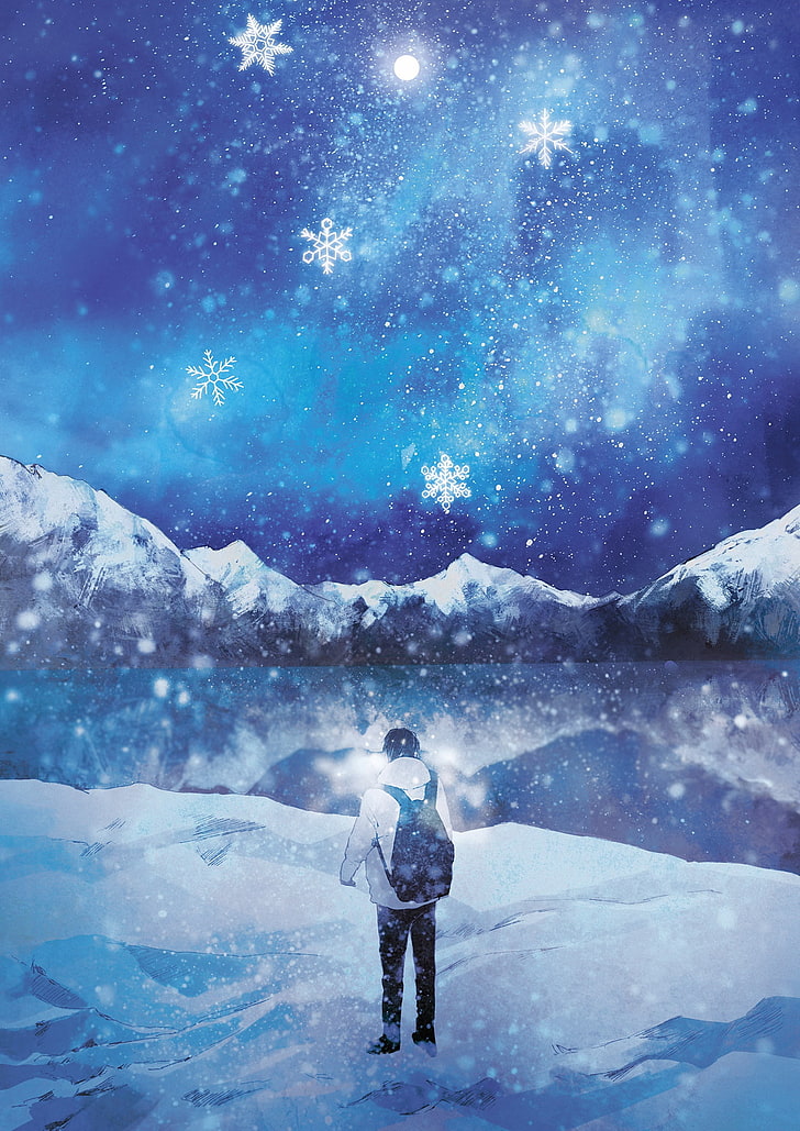 anime, guy, lake, male, mountain, original, snow, winter, HD wallpaper