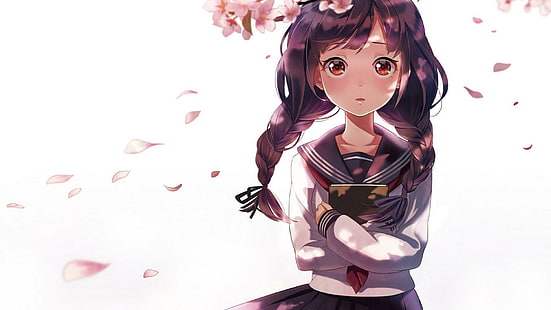 HD wallpaper: Cute Japanese anime girl, cherry, pigtail, uniforms, books |  Wallpaper Flare