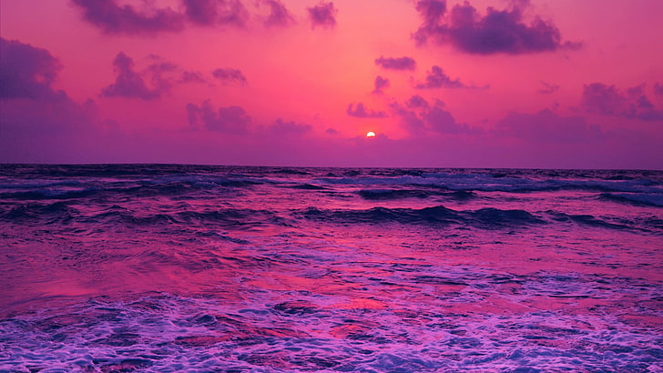clear body of water, pink, sea, sunset, horizon, clouds, purple