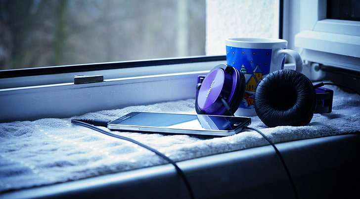 black and gray headphones, samsung, philips, window sill, cup