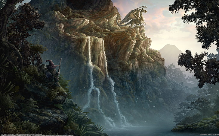 dragon on top of waterfalls digital wallpaper, mountains, fantasy, HD wallpaper