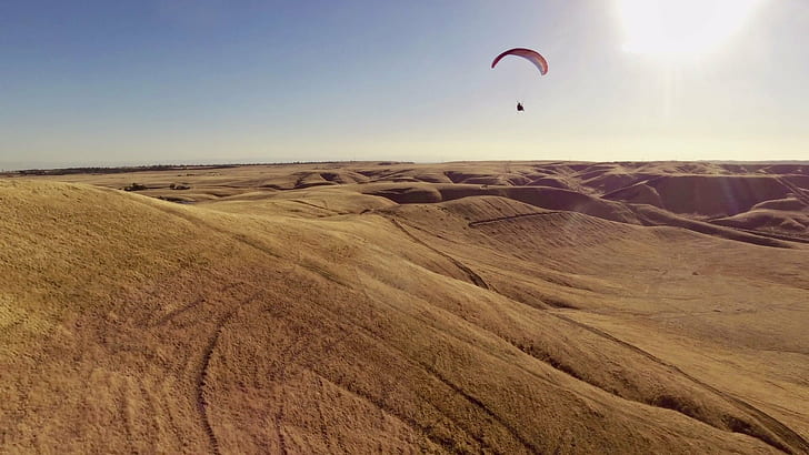 floating parachute over brown field, hart park, bakersfield, hart park, bakersfield, HD wallpaper