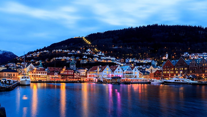 Bergen, boat, clouds, Evening, forest, Hill, house, landscape, HD wallpaper