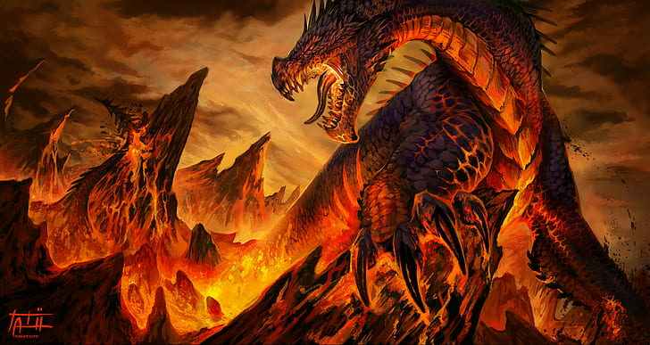 dragon, fantasy art, lava