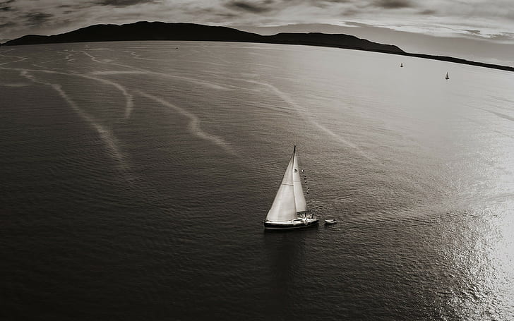 photography, water, sea, coast, monochrome, boat, sailing ship, HD wallpaper