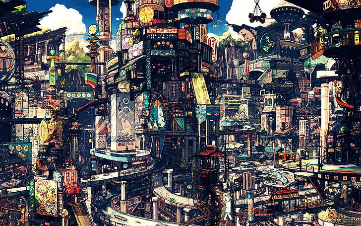 multicolored buildings illustration, assorted-color city illustration, HD wallpaper