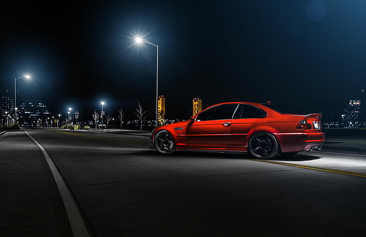 Hd Wallpaper Red Coupe Bmw M3 E46 Car Side View Night Traffic Street Wallpaper Flare