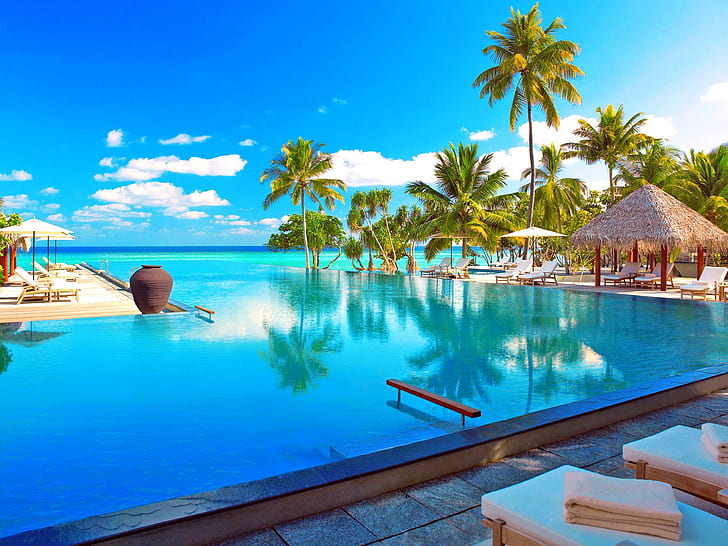 Maldives- resort. for Adi, blue in-ground swimming pool, heaven