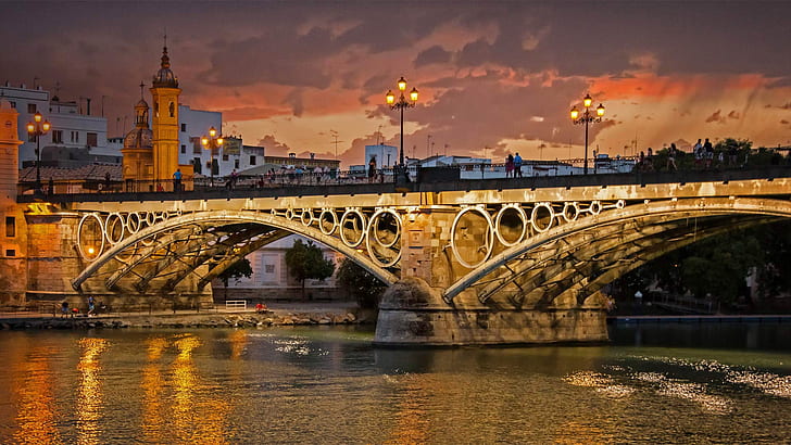 sky, city, river, bridge, Spain, Sevilla, HD wallpaper