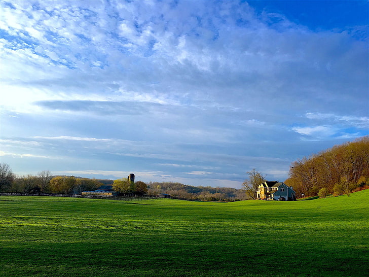 calm, clouds, countryside, farm, farmland, field, grass, grassland, HD wallpaper