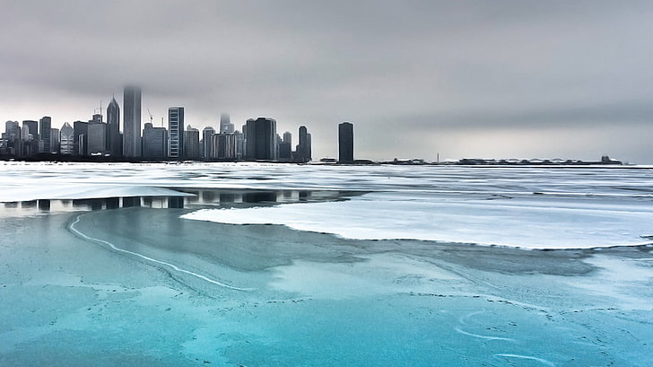 high rise building, ice, cityscape, Chicago, winter, cyan, mist