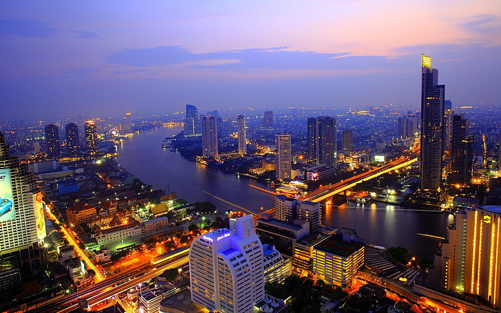 cityscape, river, skyscraper, lights, Thailand, sunset, building exterior, HD wallpaper
