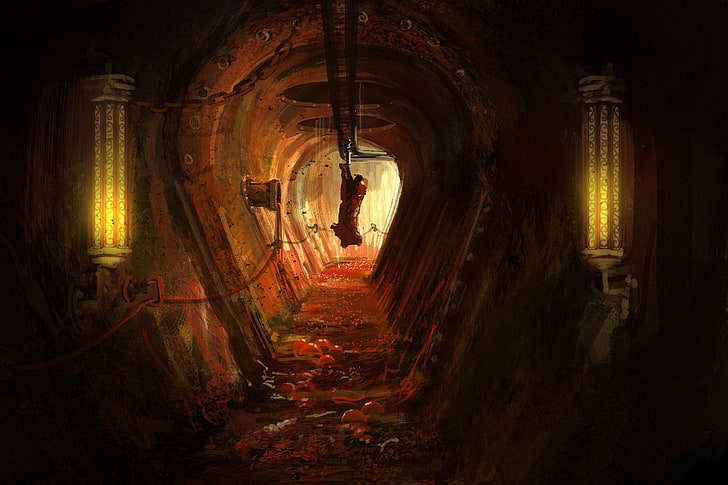 horror-themed underground tunnel digital art, artwork, creepy
