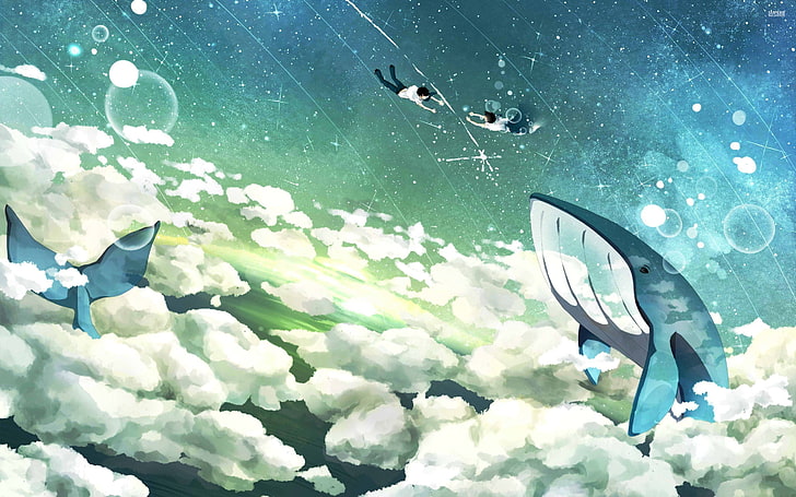 two person flying near whales on sky illustration, fantasy art