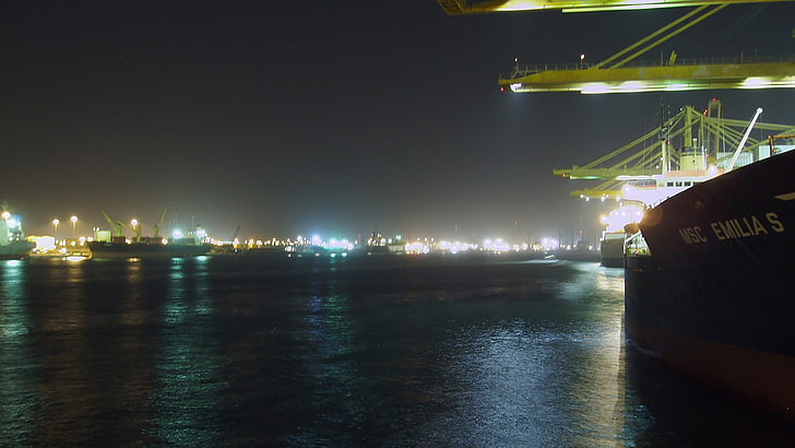 body of water, ship, lights, night, ports, Dubai, harbor, illuminated, HD wallpaper