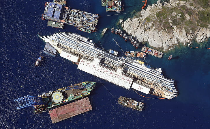 sea, aerial view, cruise ship, water, landscape, Costa Concordia, HD wallpaper