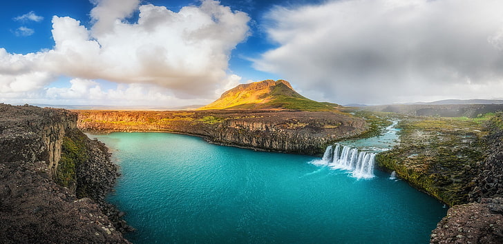 body of water, waterfall, summer, Iceland, river, clouds, cliff, HD wallpaper
