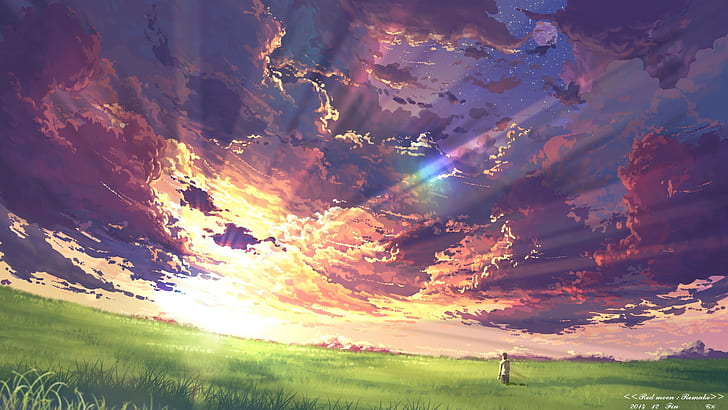 HD wallpaper: sky, anime, sunset, clouds, sun rays, field | Wallpaper Flare