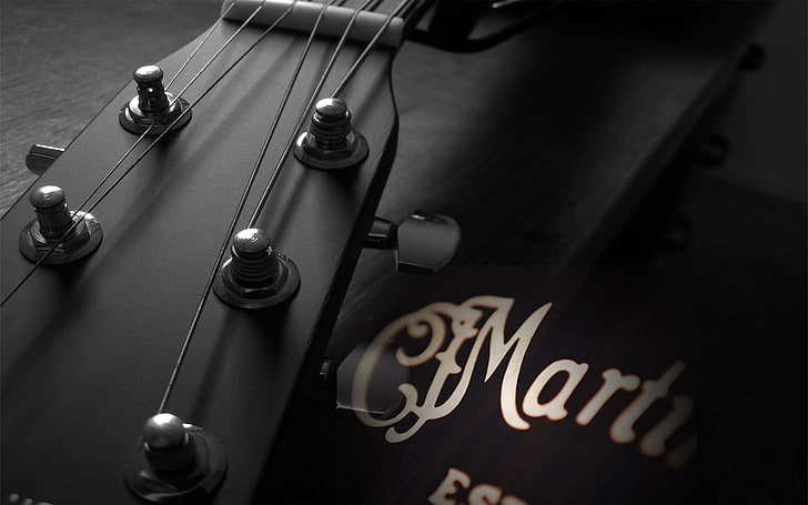 black guitar head stock, macro, music, strings, tool, Grif, sound, HD wallpaper