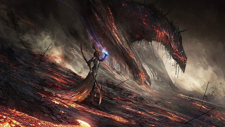 mage holding staff near monster digital wallpaper, dragon, lava