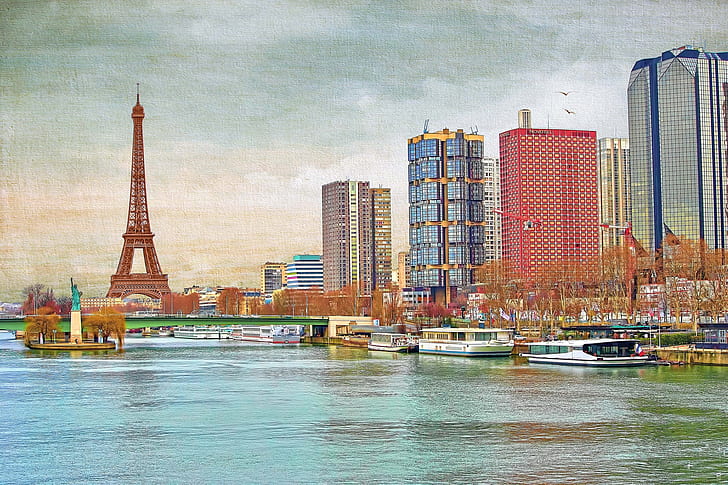 the sky, bridge, river, France, Paris, tower, home, Hay, canvas, HD wallpaper