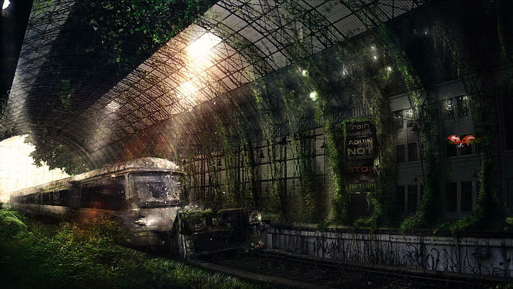 Abandoned subway station, gray and black train on tunnel, fantasy