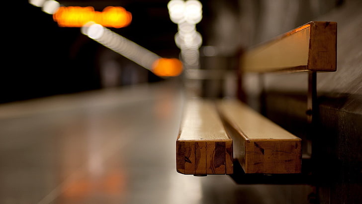 brown wooden bench, brown wooden bench, subway, train station