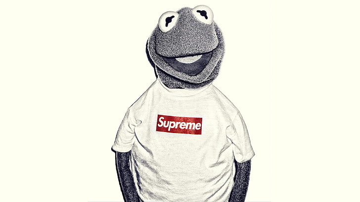 supreme, Kermit the Frog, one person, studio shot, white background
