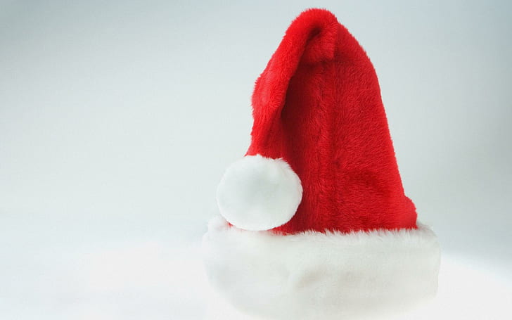 new year, christmas, cap, santa claus, fur, red and white santa hat, HD wallpaper