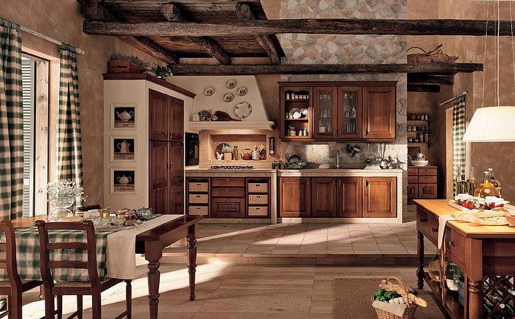 brown wooden kitchen cupboard, vintage, interior, furniture, indoors, HD wallpaper