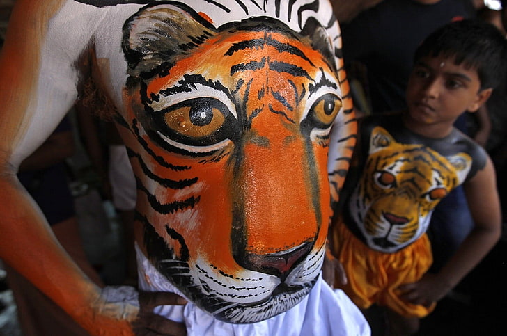 leopard body paint, tiger, children, representation, face paint