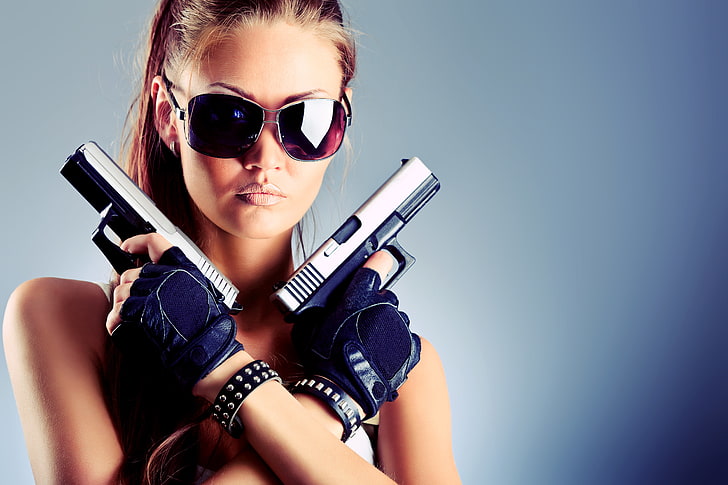 grey semi-automatic pistols, girl, face, weapons, background, HD wallpaper