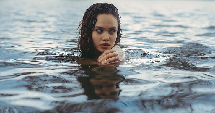 woman's white top, women, model, face, portrait, wet body, water