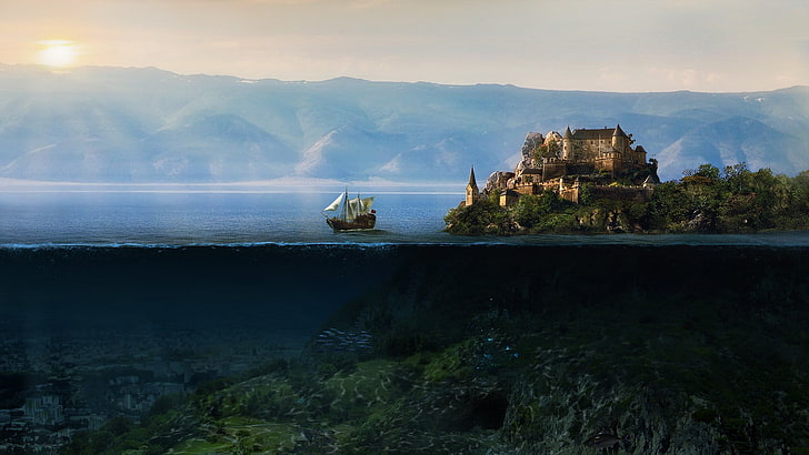 brown castle, fantasy art, sailing ship, split view, underwater