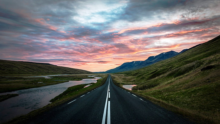 asphalt road, nature, landscape, Iceland, sunset, hills, transportation, HD wallpaper