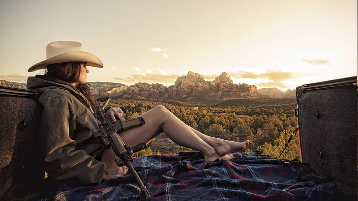 brunette, Cowgirl, gun, landscape, legs, Machine Gun, women