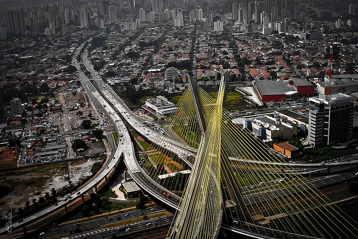 aerial view, architecture, brazil, bridge, building, cable
