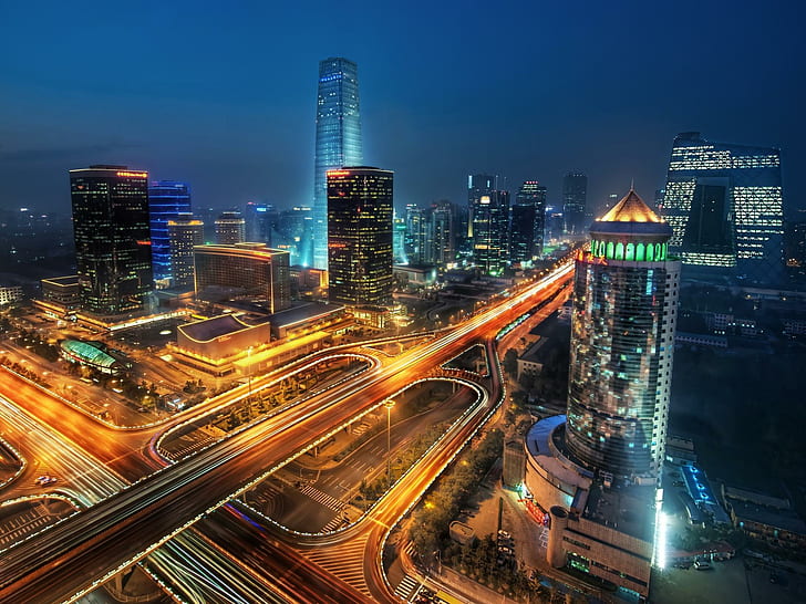 Beijing At Night, lights, china, traffic, city, skyscrapers, animals, HD wallpaper