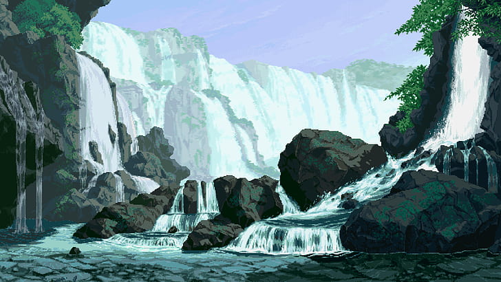pixelated, digital art, waterfall, rock, pixels, pixel art, HD wallpaper