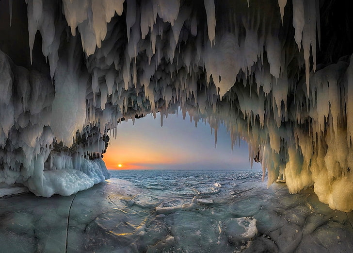 frozen underwater cave, nature, landscape, ice, stalactites, lake