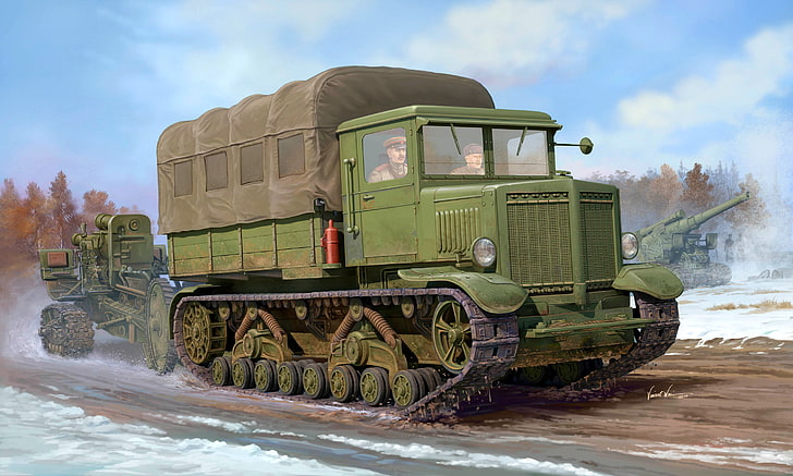 green and brown truck illustration, art, artist, USSR, WWII, heavy